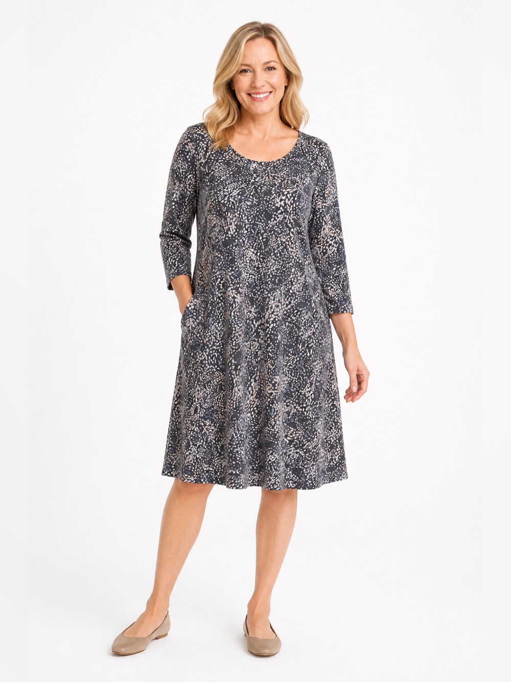 Pure Jill Printed A Line Knit Dress Cotton Modal Swirl Printed Size XL Gray Blue
